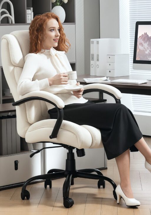 Executive Office Chair with Wide Seat, Computer Desk Chair with Adjustable Height, Swivel Wheels, Cream White