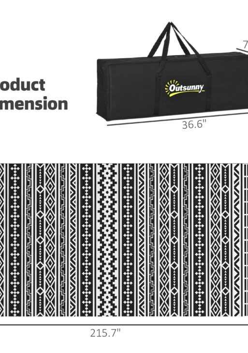 Reversible Outdoor Rug, Waterproof Plastic Straw with Carry Bag, 9' x 18', Black & White Geometric Wall