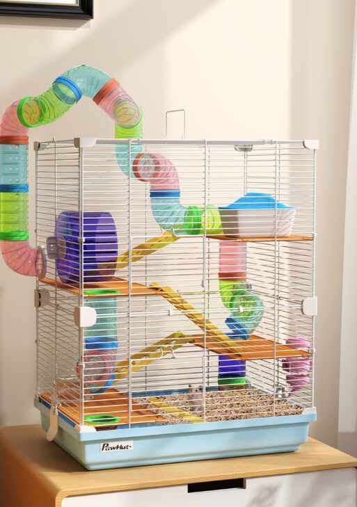 5 Tiers Hamster Cage Portable Animal Travel Carrier w/ Exercise Wheels Tube, Light Blue