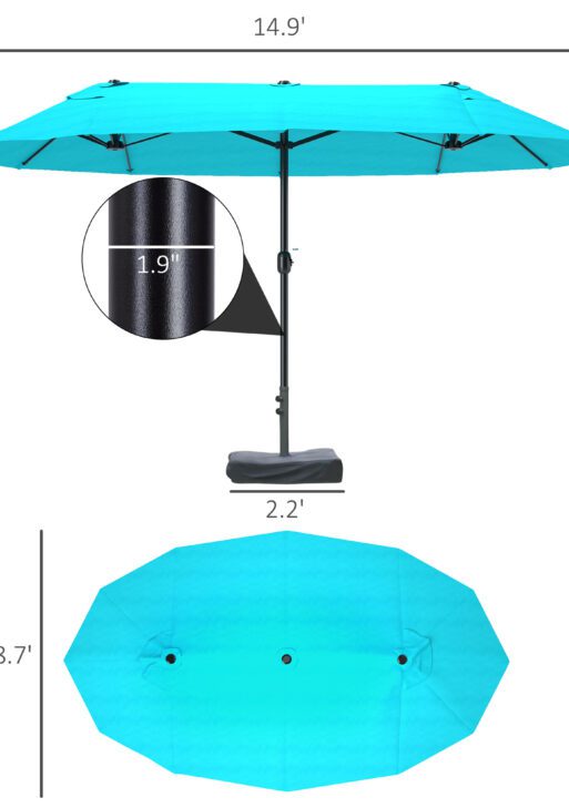 Patio Umbrella, 15' Steel Rectangular Outdoor Double Sided Market Umbrella with Base, Sun Protection & Easy Crank, Blue