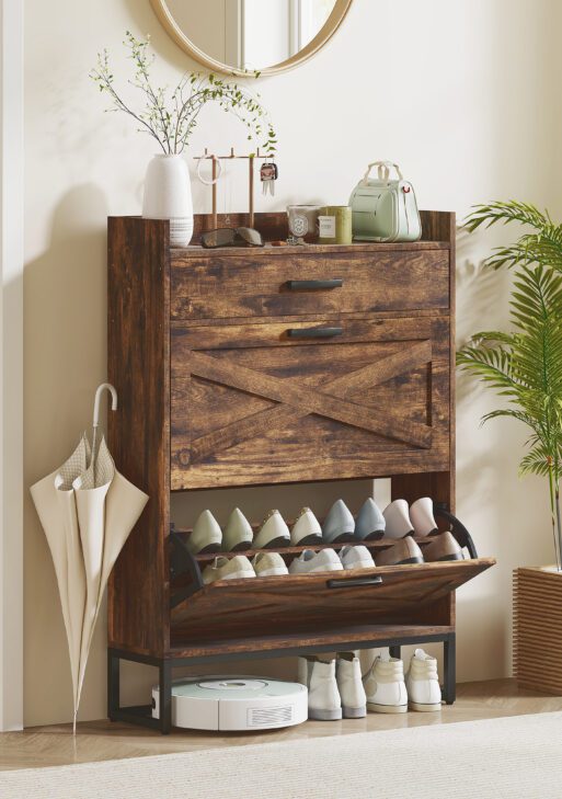 Slim Shoe Storage Cabinet, Shoes Cabinet Organizer with 2 Flip Drawers, Adjustable Shelves for 12 Pair, Rustic Brown