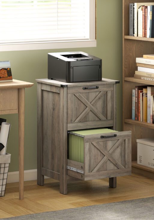 Vertical File Cabinet with 2 Drawers, Rustic Farmhouse Office Storage Cabinet for A4, Letter Size, Distressed Gray