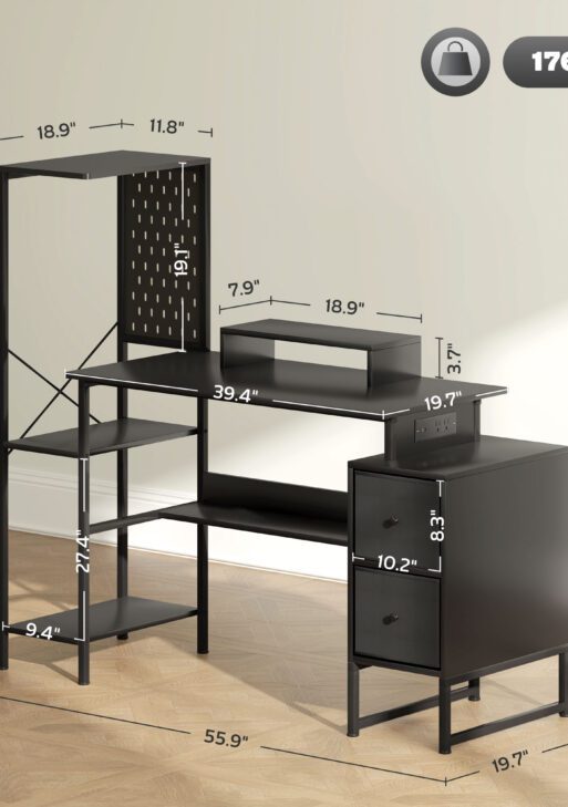 56" Computer Desk with Storage, Computer Table with Power Outlets and LED Lights, Black