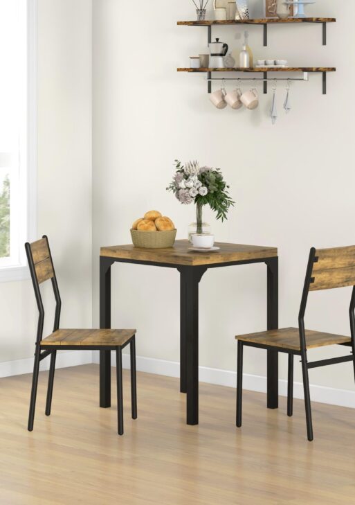 3 Piece Dining Room Set for 2, Dining Table Set for Breakfast Nook, Small Space, Apartment, Space Saving, Rustic Brown