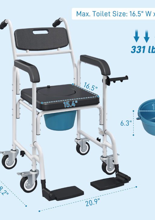 Rolling Shower Wheelchair for Seniors, Bedside Commode Chair with Locking Wheels, Seat, Backrest, Arms, Black