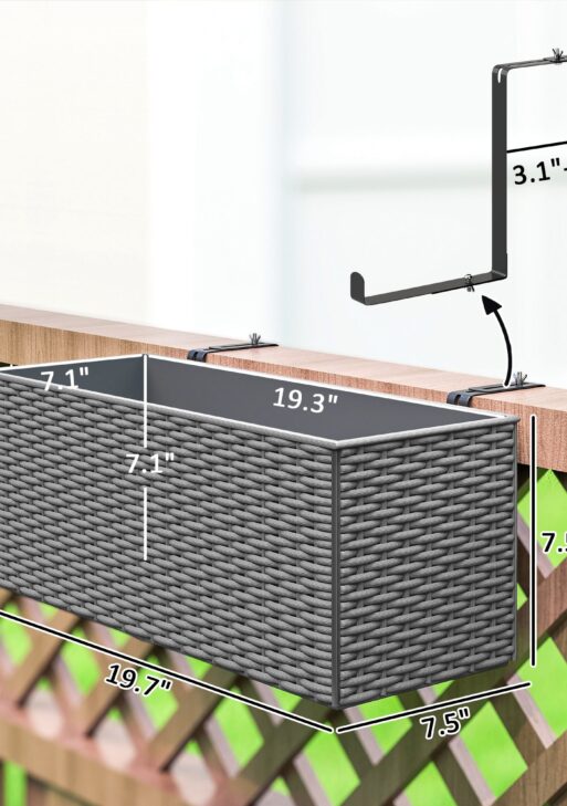 2 Pack 20 Inch Railing Flower Pots, Hanging Flower Pots with Hooks, Drainage Holes for Fence, Rattan Look, Gray