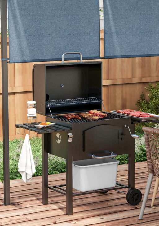 Charcoal BBQ Grill w/ Adjustable Height, Folding Shelves, Thermometer, and Wheels, Black