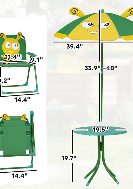 Kids Picnic Table and Chair Set, Outdoor Activity Table with Foldable Chairs, Height Adjustable Umbrella, Green