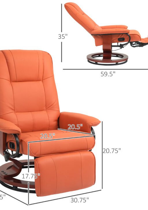 Faux Leather Recliner Chair, Swivel Recliner with Footrest, Armrest and Wood Base for Living Room, Orange