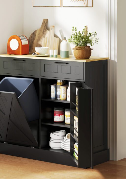 10 Gallon Farmhouse Kitchen Cabinet with Hidden Trash Can and 2 Drawers, Tilt Out Trash Can Cabinet for Kitchen, Black