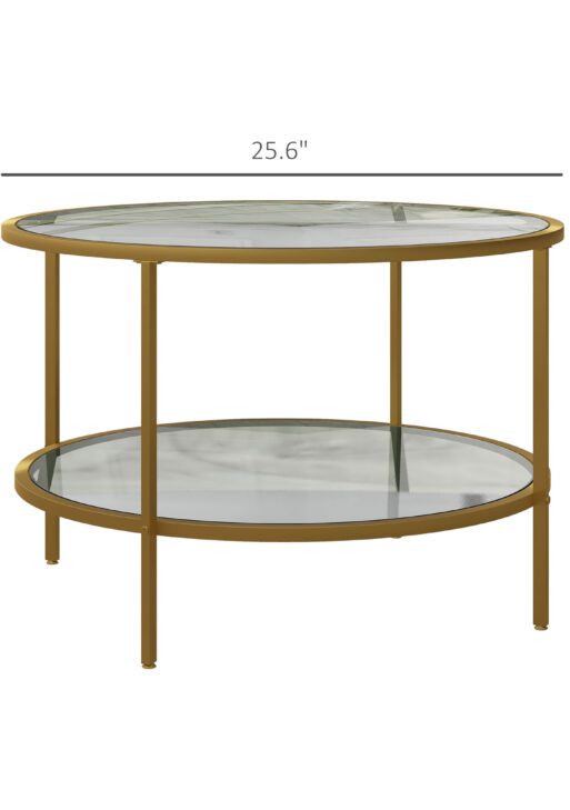 Side Table with Storage, 26" Round End Table, 2-Tier Tempered Glass Coffee Table with Steel Frame for Living Room, Gold