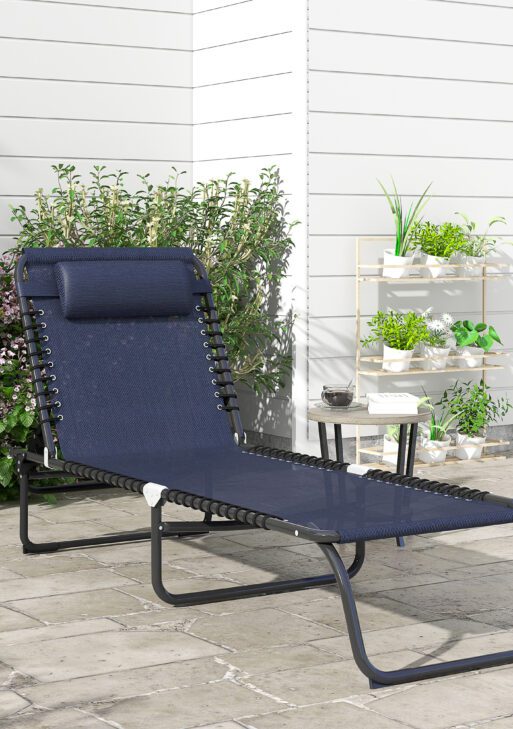 Folding Chaise Lounge Pool Chair with 4-Position Reclining Back, Pillow, Breathable Mesh & Bungee Seat, Dark Blue