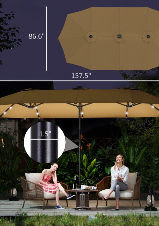 13ft Double-Sided Market Umbrella, Large Patio Umbrella with Solar Lights, Crank Handle for Garden, Pool, Yard, Khaki
