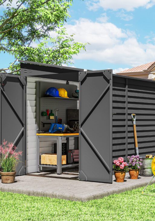 4.6' x 9' Outdoor Storage Shed, Lean to Metal Shed with Foundation Kit, Lockable Doors and Gloves for Patio, Lawn, Dark Gray