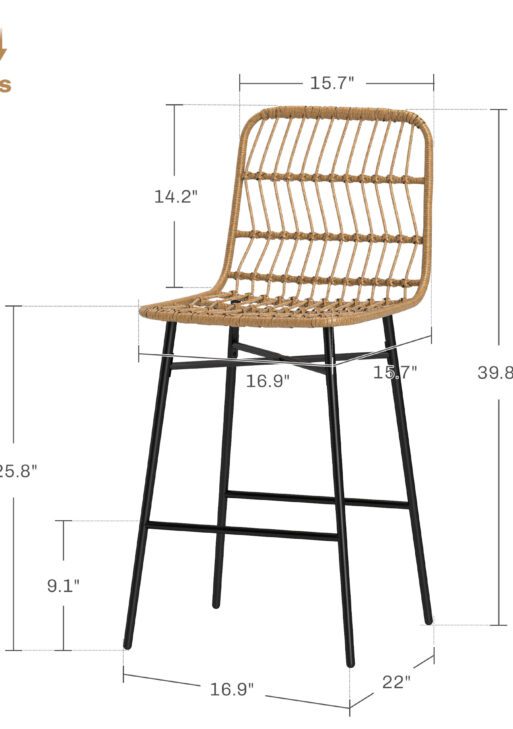 Rattan Counter Bar Stools Set of 2, 26" Counter Height Barstools with Back, Bar Chairs for Kitchen Island, Brown