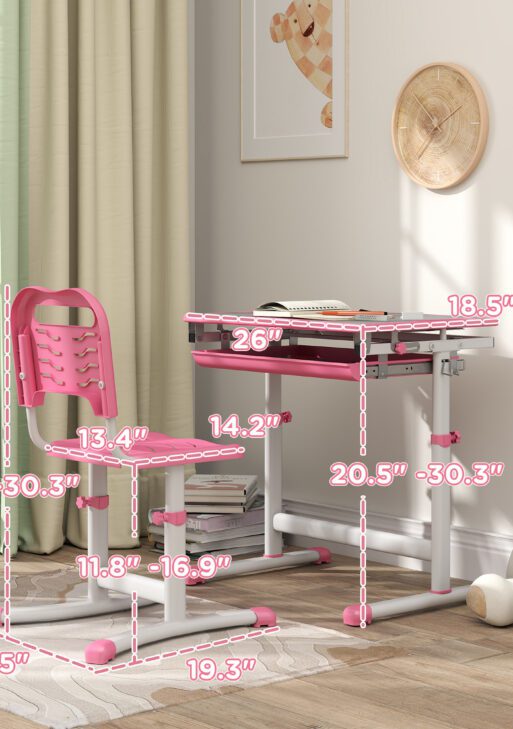 Height Adjustable Kids Desk and Chairs Set with Tilt Desktop, Storage Drawer, Pen Slot, Hook, Pink