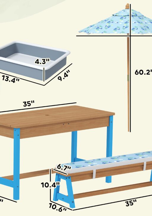 Kids Picnic Table Set with Foldable Umbrella, Removable Cushions & Boxes, Dinosaur Theme, Blue
