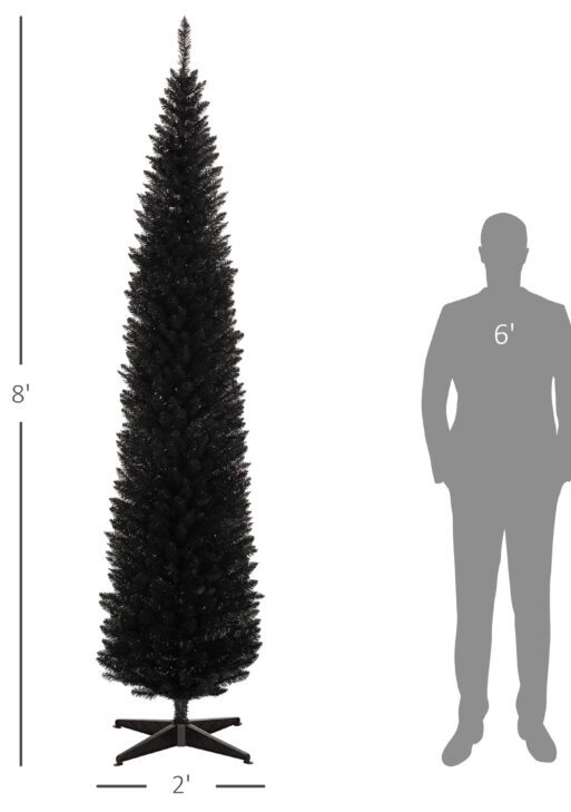 8ft Unlit Pencil Artificial Christmas Tree with Realistic Branches and 618 Tips, Plastic Base, Black