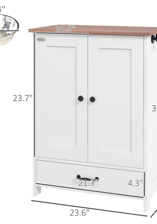 Pet Feeding Station, Dog Food Storage Cabinet w/ Raised Dog Bowls, Adjustable Panel, Hooks for Medium Dogs, White