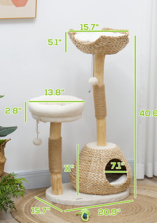41" Cat Tree for Indoor Cats with Wooden Cat Scratching Posts, Cat Condo, Cat Beds & Toy Balls, Cream White