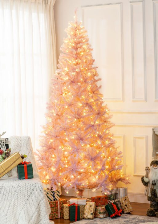 7.5 FT Tall PreLit Artificial Christmas Tree with Realistic Branches, 500 Warm White LED Lights and 1346 Tips, Pink