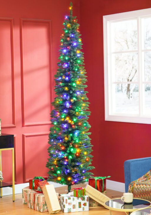 8' Artificial Pencil Christmas Trees Holiday Decoration with Colorful LED Lights, Steel Base, Skinny Shape