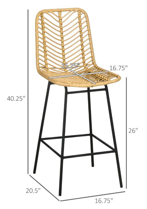 Set of 4 Rattan Barstools Wicker Counter Stools with Steel Legs and Footrest for Dining Room Kitchen Pub Yellow