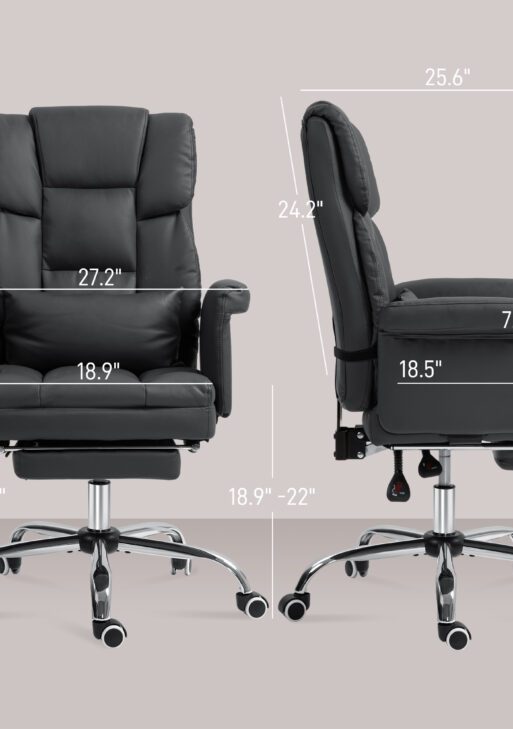 Executive Office Chair with Footrest and Lumbar Support, PU Leather Desk Chair, Ergonomic, Reclining and Swivel, Black