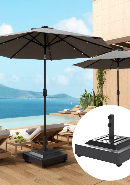 Outdoor Umbrella Stand Base with Wheels, Heavy Duty Patio Umbrella Base, Filled Up to 143lbs with Stand or 112lbs with Water, Patio Umbrella Holder for Garden, Poolside, Black