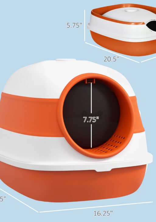 Dome Covered Cat Litter Box with Lid, White and Orange