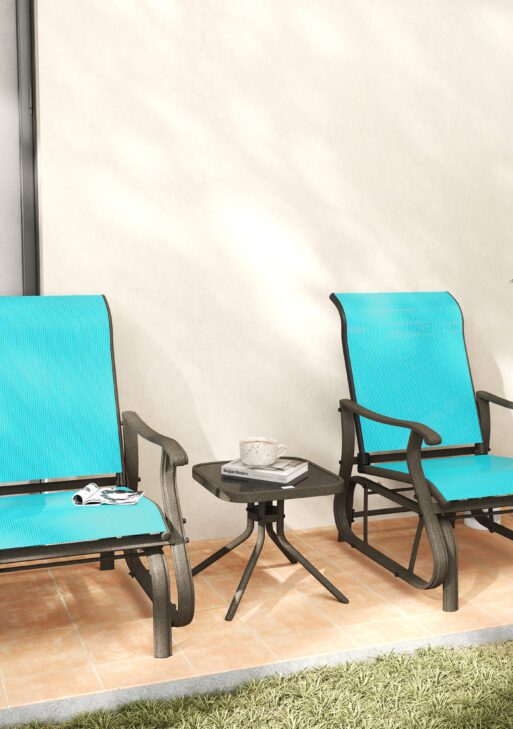 3-Piece Outdoor Gliders Set Bistro Set with Steel Frame, Tempered Glass Top Table for Patio, Garden, Bright Blue