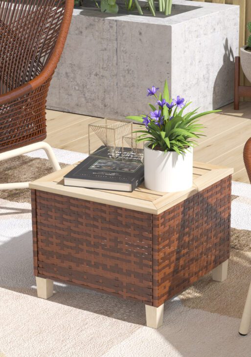 Outdoor Side Table with PE Rattan, Patio End Table with Natural Fir Wood Tabletop and Legs, Weather Resistant Accent Table for Patio Pool Porch, Brown