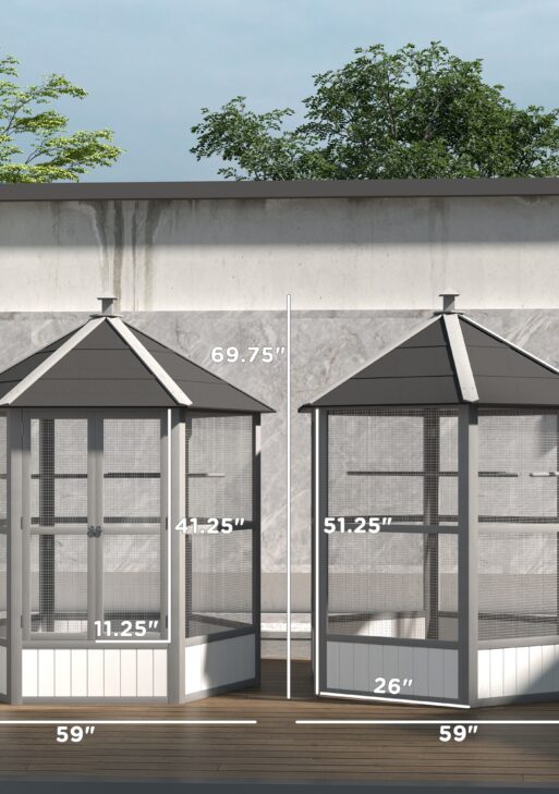 69" Wooden Hexagonal Outdoor Aviary Flight Bird Cage With Covered Roof, Light Gray