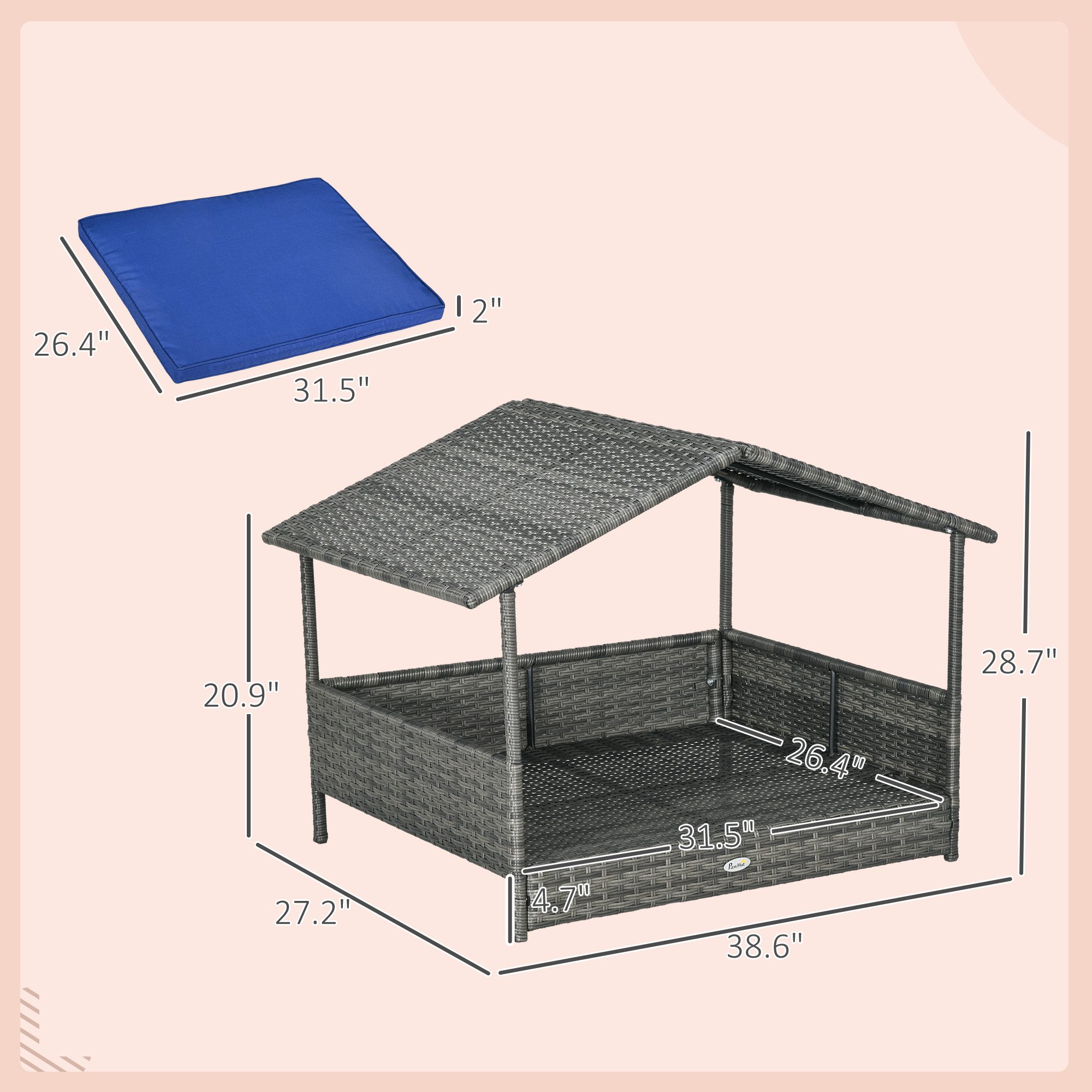Wicker Dog House with Removable Cushion Lounge, Dark Blue - Image 1