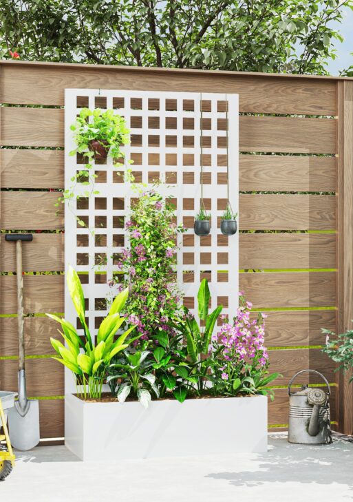 Galvanized Raised Garden Bed Planter Box with Trellis for Climbing Plants, Vegetable, Vines, 35" x 16" x 70", White