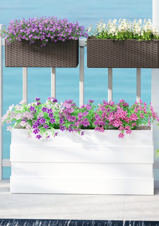 2 Pack 20 Inch Railing Flower Pots, Hanging Flower Pots with Hooks, Drainage Holes for Fence, Rattan Look, Brown