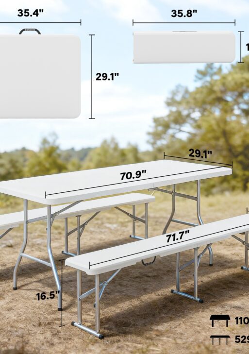 6FT 3 PCS Portable Camping Table and Chairs, Folding Picnic Table Bench Set with Carrying Handles for BBQ, Party, White