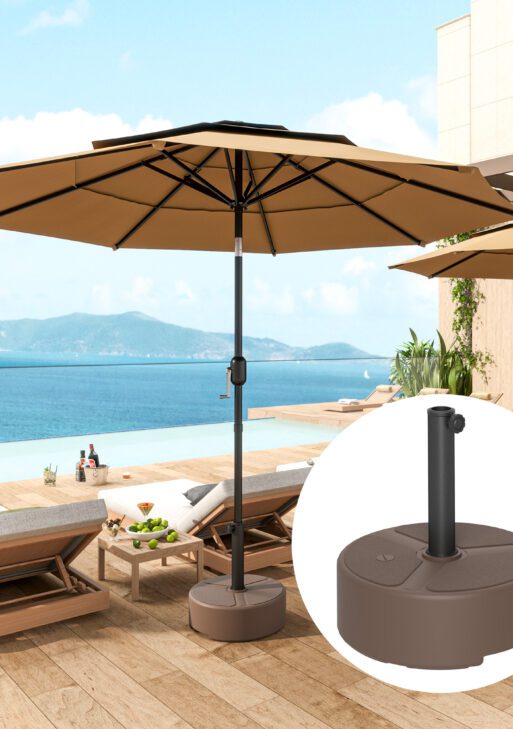 Round Patio Umbrella Base Holder, Heavy Duty Outdoor Umbrella Stand Base, Filled Up to 44lbs with Stand or 40lbs with Water for Garden, Poolside, Brown