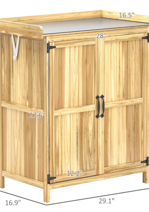 Outdoor Storage Cabinet, Garden Tool Shed with Metal Tabletop, Shelf, Wooden Potting Bench with 2 Doors, Natural Wood