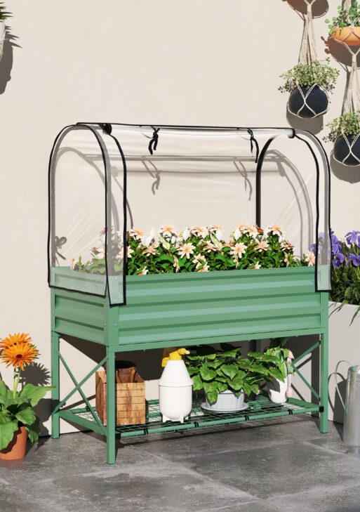 Raised Garden Bed with Legs and Cover, Metal Elevated Planter Box with Bottom Shelf and Liner for Vegetables, Green
