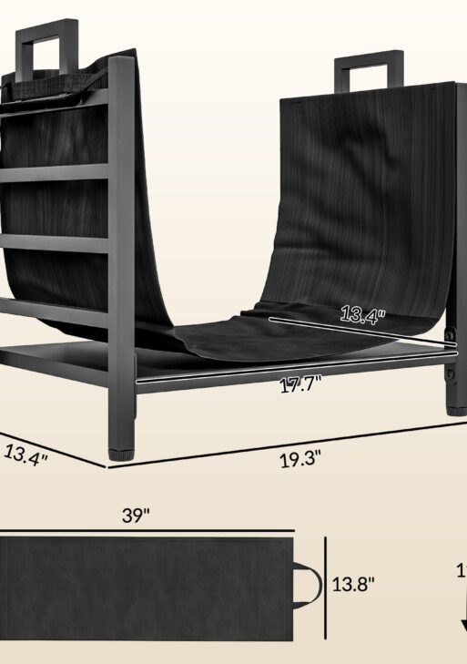 Firewood Rack, Indoor Outdoor Wood Storage Log Holder with Log Carrier, Handles, 19.3" x 13.4" x 17.3", Black