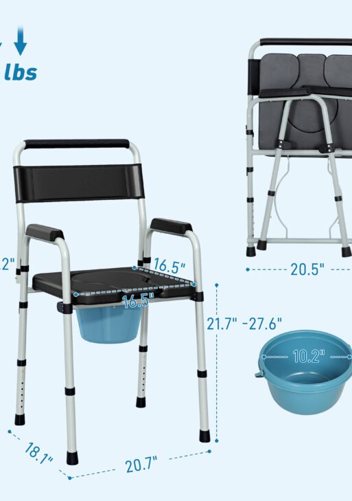 Bedside Commode Chair for Seniors, Adults, Handicap, Raised Toilet Seat with Arm, Adjustable Height, 331 lbs, Black