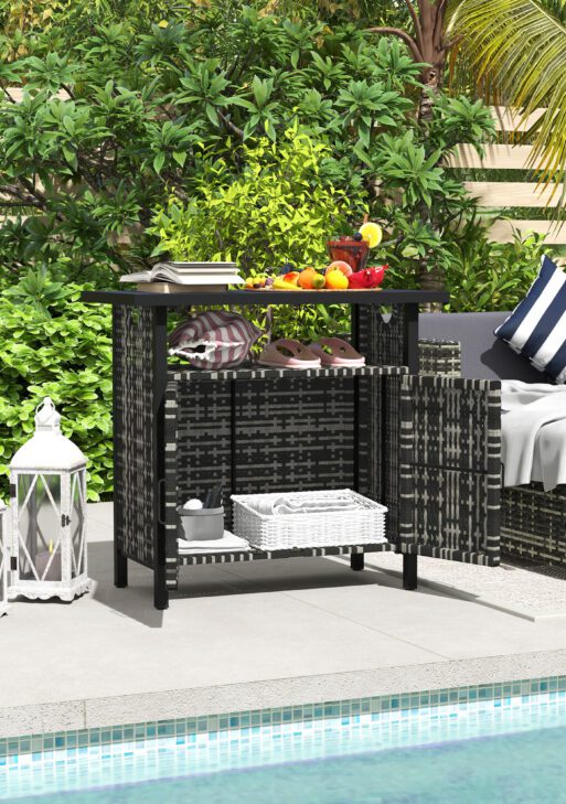 Outdoor Pool Towel Storage Cabinet Organizer, Outdoor Bar Table with Shelf and Cabinet, Pool Towel Holder Pool Valet with Weather-Resistant PE Rattan and Steel Frame, Mixed-Gray