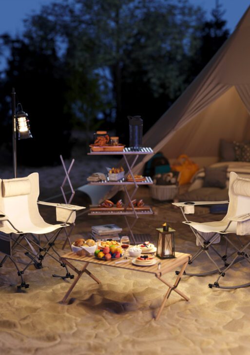 Folding Rocking Camping Chairs, Portable Chairs with Headrest, Cooler Bag, Cup Holder, Carry Bag, 2 Pack, Cream