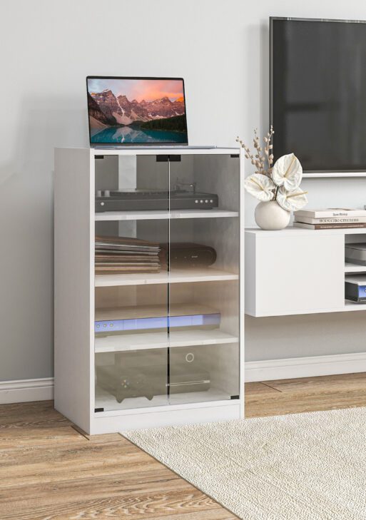 4-Tier Media Cabinet, Media Stand with Adjustable Shelves, Tempered Glass Doors, and Cable Management, Distressed White