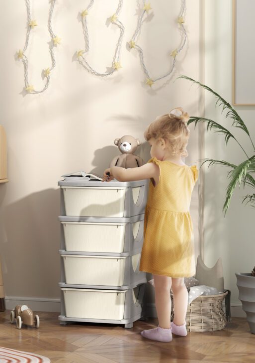 30" 4 Tier Kids Storage Unit Dresser Tower w/ 4 Drawers, Cream White