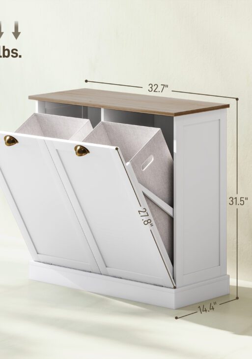 Dual Tilt out Laundry Hamper Cabinet with 2 Removable Basket, Modern Bathroom Storage Cabinet with Shaker Doors and Handles, White