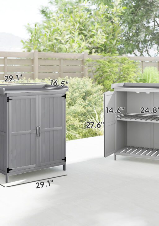 Outdoor Storage Cabinet, Garden Tool Shed with Metal Tabletop and Shelf, Wooden Potting Bench with 2 Doors, Gray