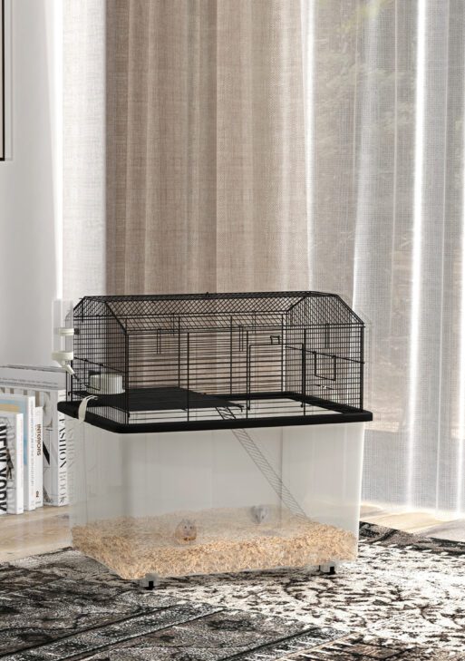 22" 2-Tier Hamster Cage with Extra-Deep 14" Base, Small Animal Cage with Ramp, Water Bottle, Food Dish, Wheels, Black