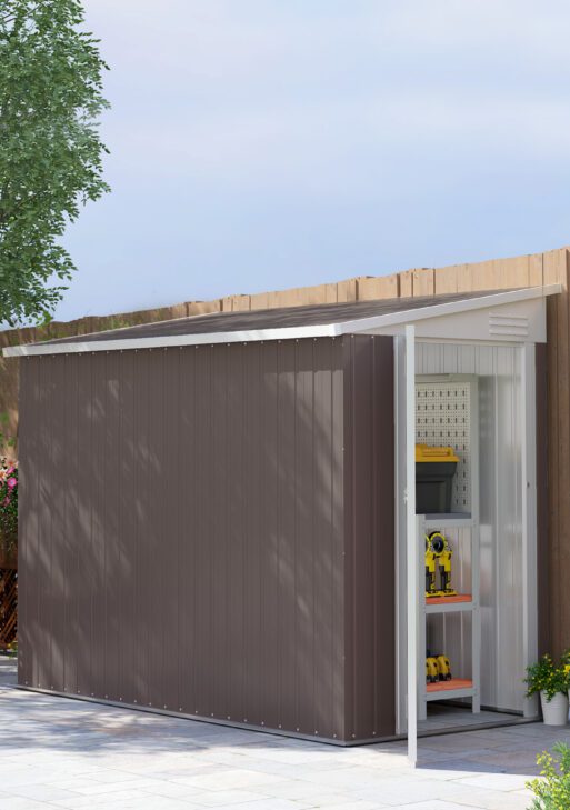 4' x 7.7' Lean to Garden Storage Shed, Outdoor Metal Tool House with Lockable Door Vents for Backyard Patio Lawn